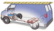 Cut away illustration Natural Gas Vehicle showing its engine fuel line cylinders and regulator